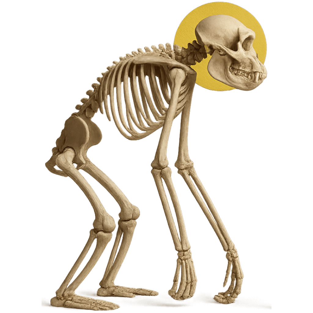 esqueleto simiesco mostrando evolución postural y su relación con la ortodoncia