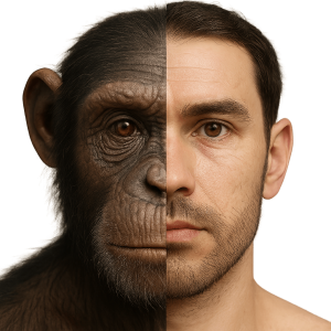 comparación entre mitad de rostro humano y simio para ilustrar evolución y postura
